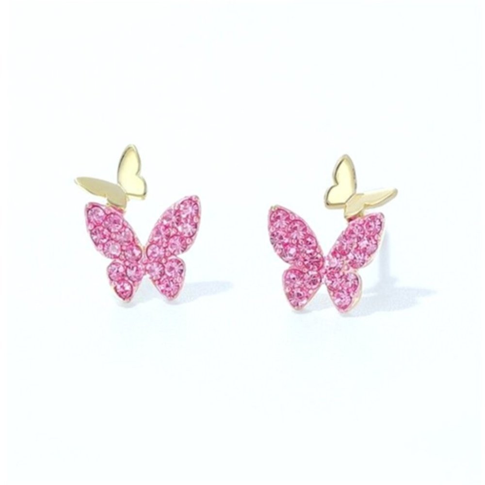 Beautiful 18k Gold 925 Silver Pink CZ Butterfly Studs